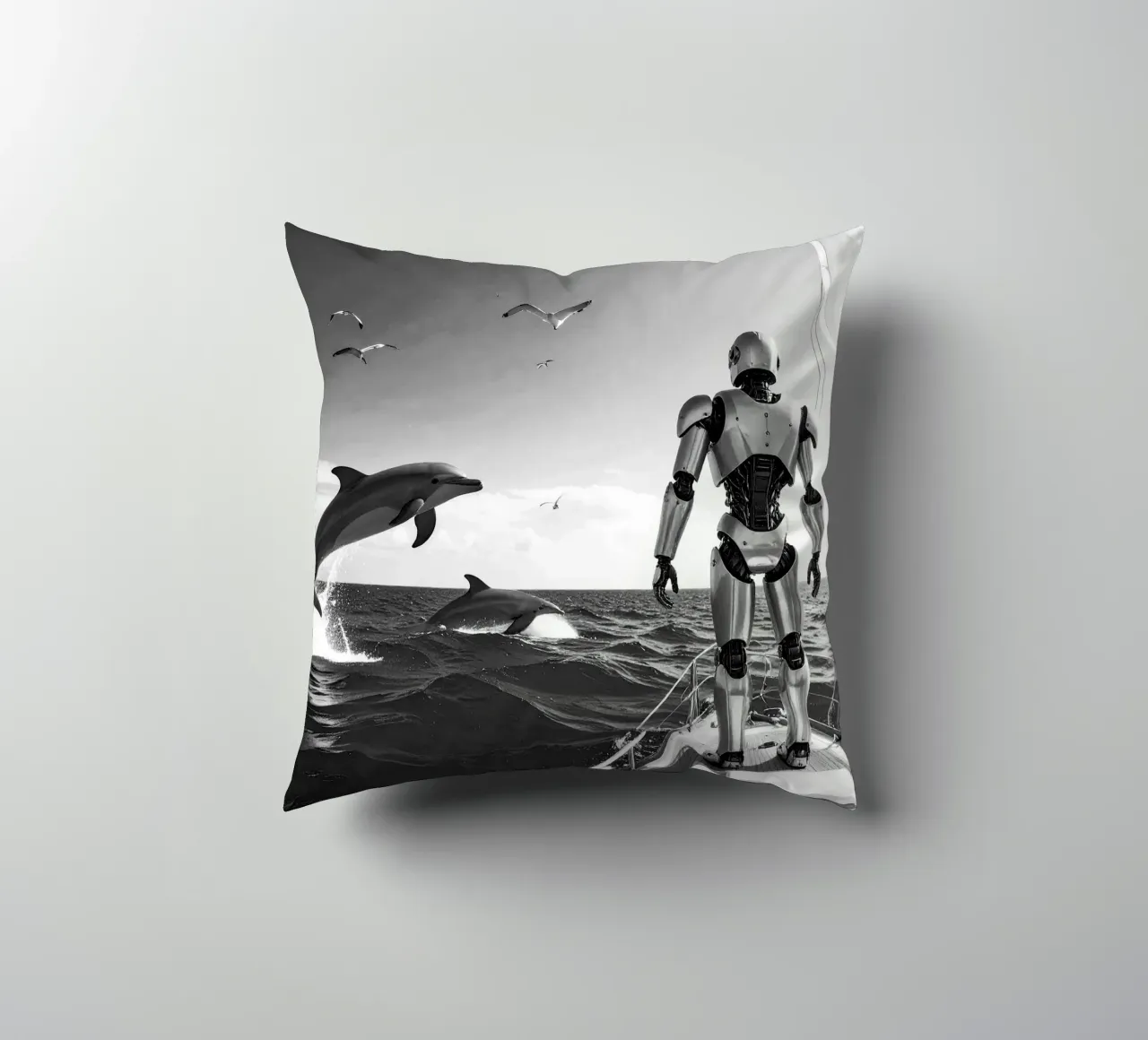 Robot sur un voilier. Noir et blanc. cuscino da Thierry vobmann photography