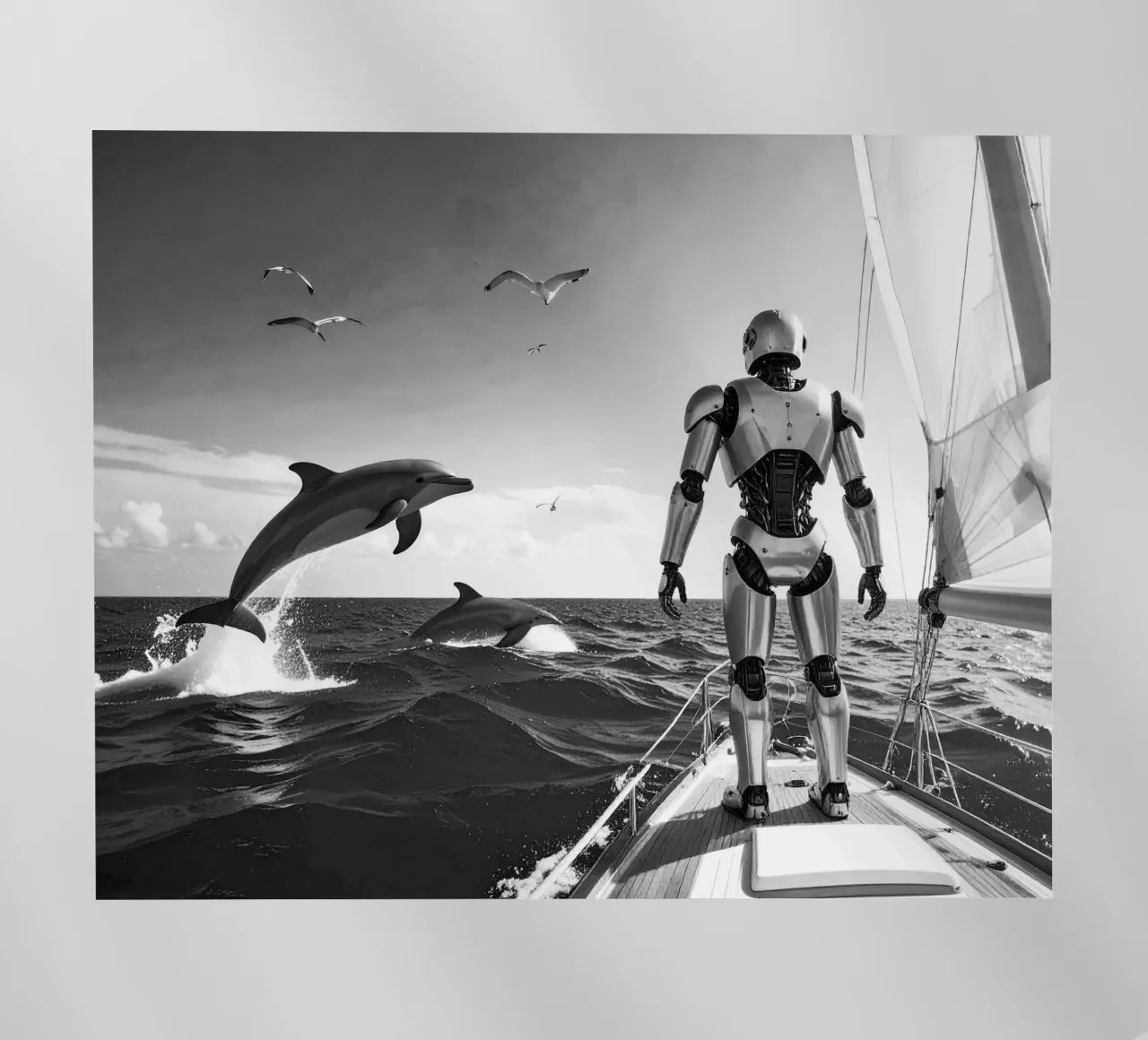 Robot sur un voilier. Noir et blanc. pellicola backlit da Thierry vobmann photography