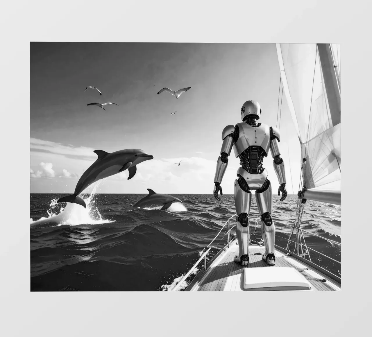 Robot sur un voilier. Noir et blanc. pellicola backlit da Thierry vobmann photography