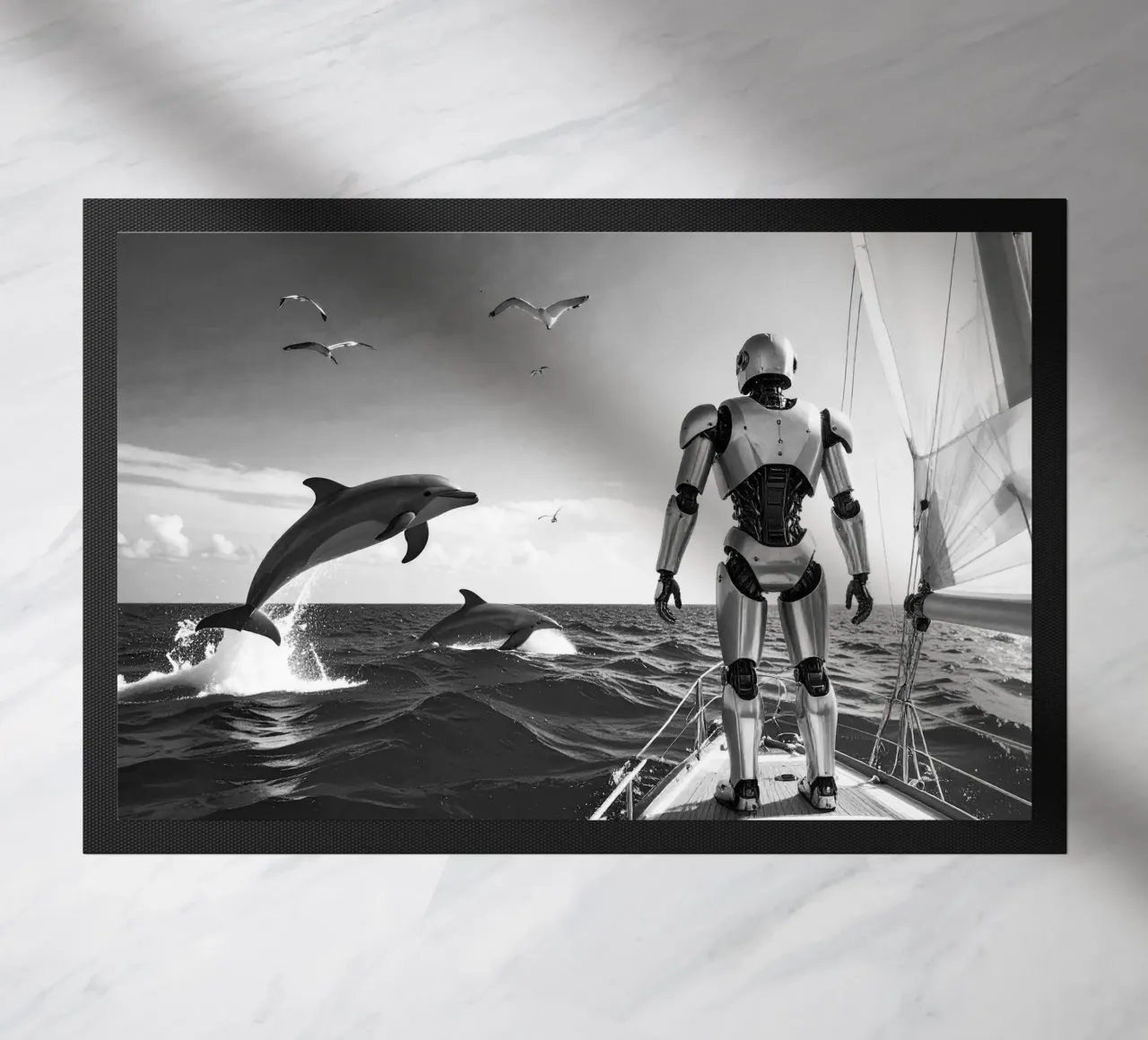 Robot sur un voilier. Noir et blanc. zerbino da Thierry vobmann photography