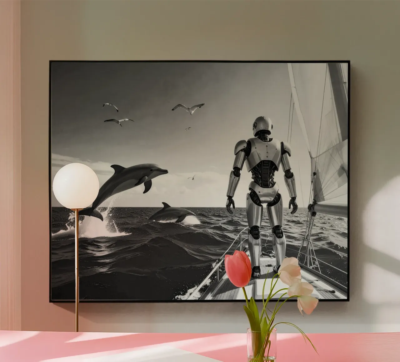 Robot sur un voilier. Noir et blanc. plexiglass da Thierry vobmann photography