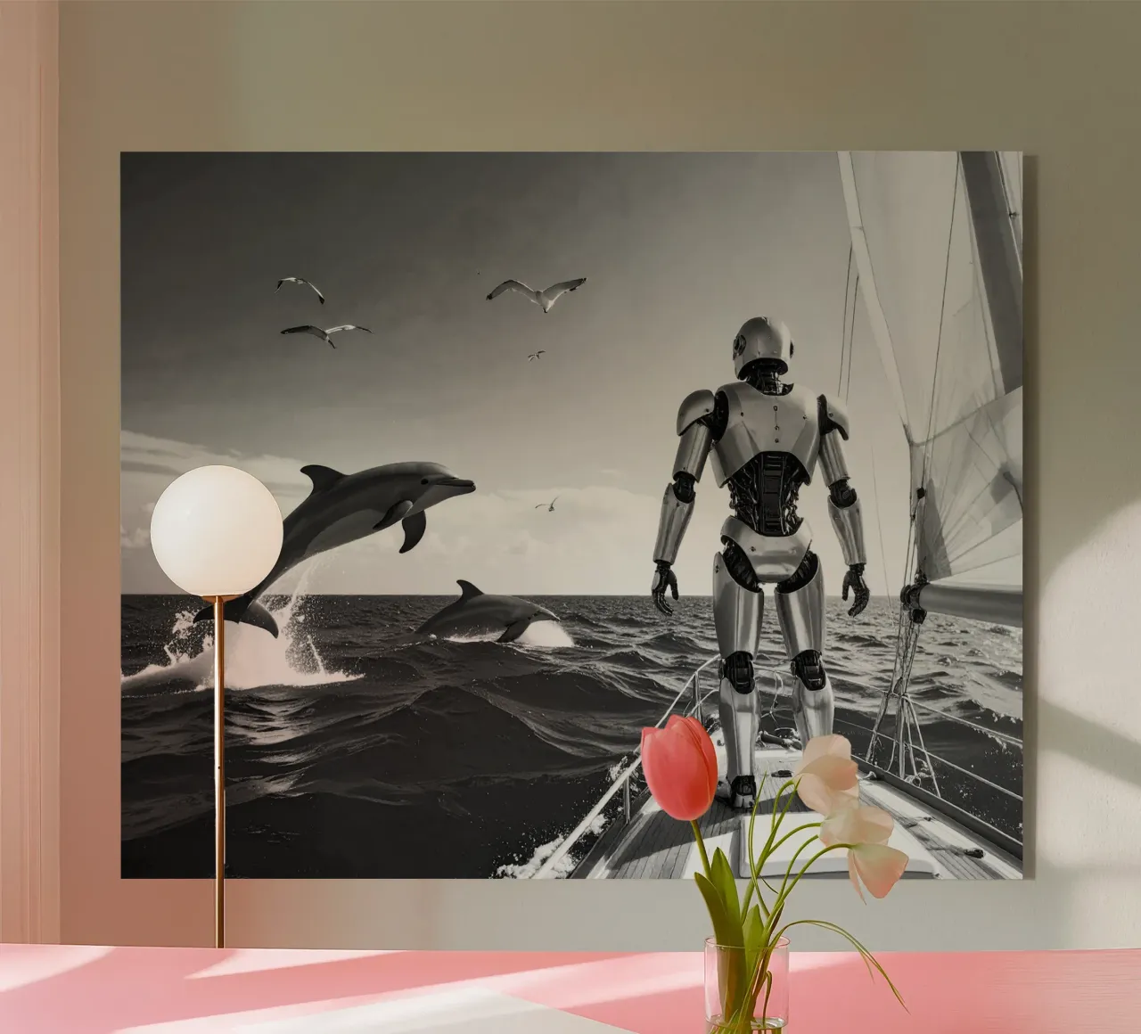 Robot sur un voilier. Noir et blanc. plexiglass da Thierry vobmann photography