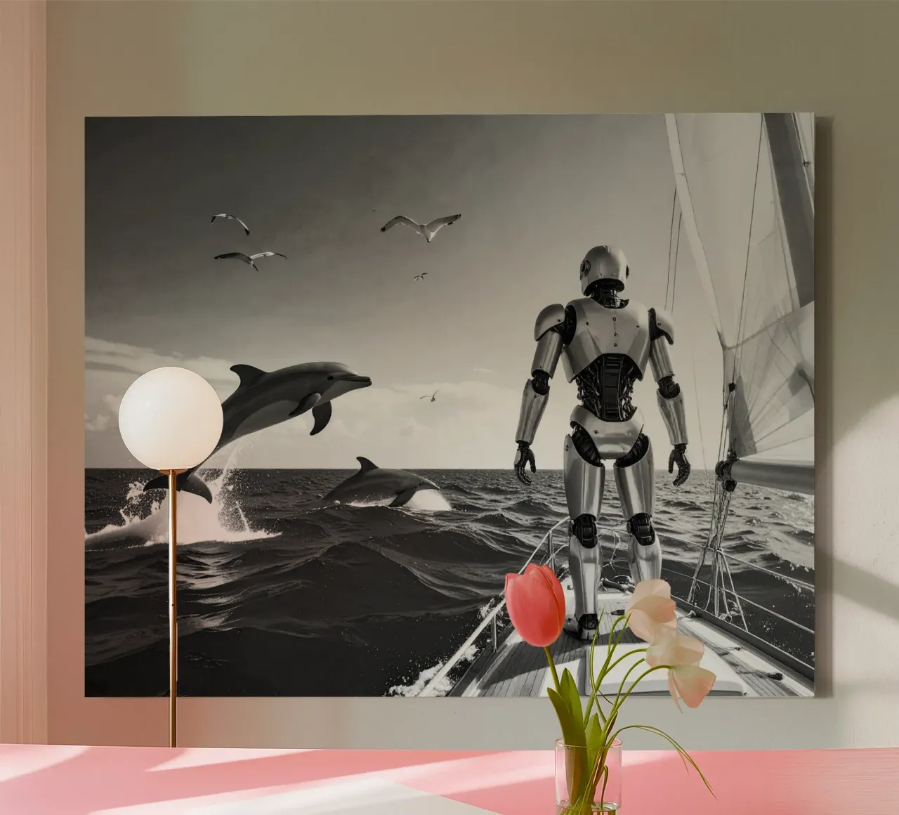 Robot sur un voilier. Noir et blanc. tela da Thierry vobmann photography