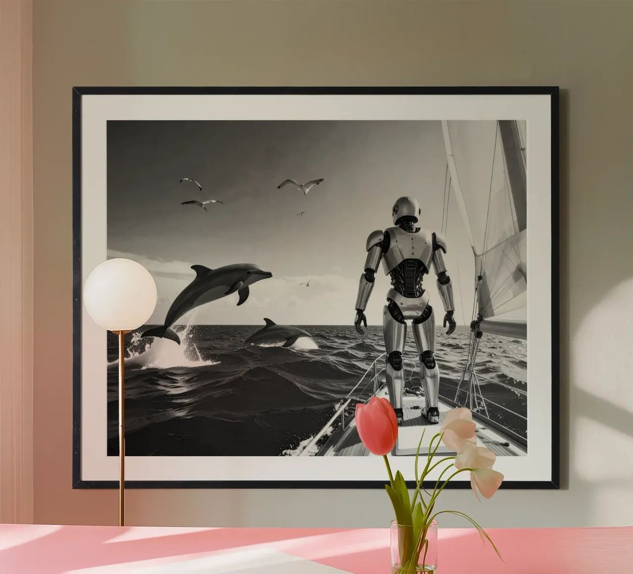 Robot sur un voilier. Noir et blanc. poster da Thierry vobmann photography