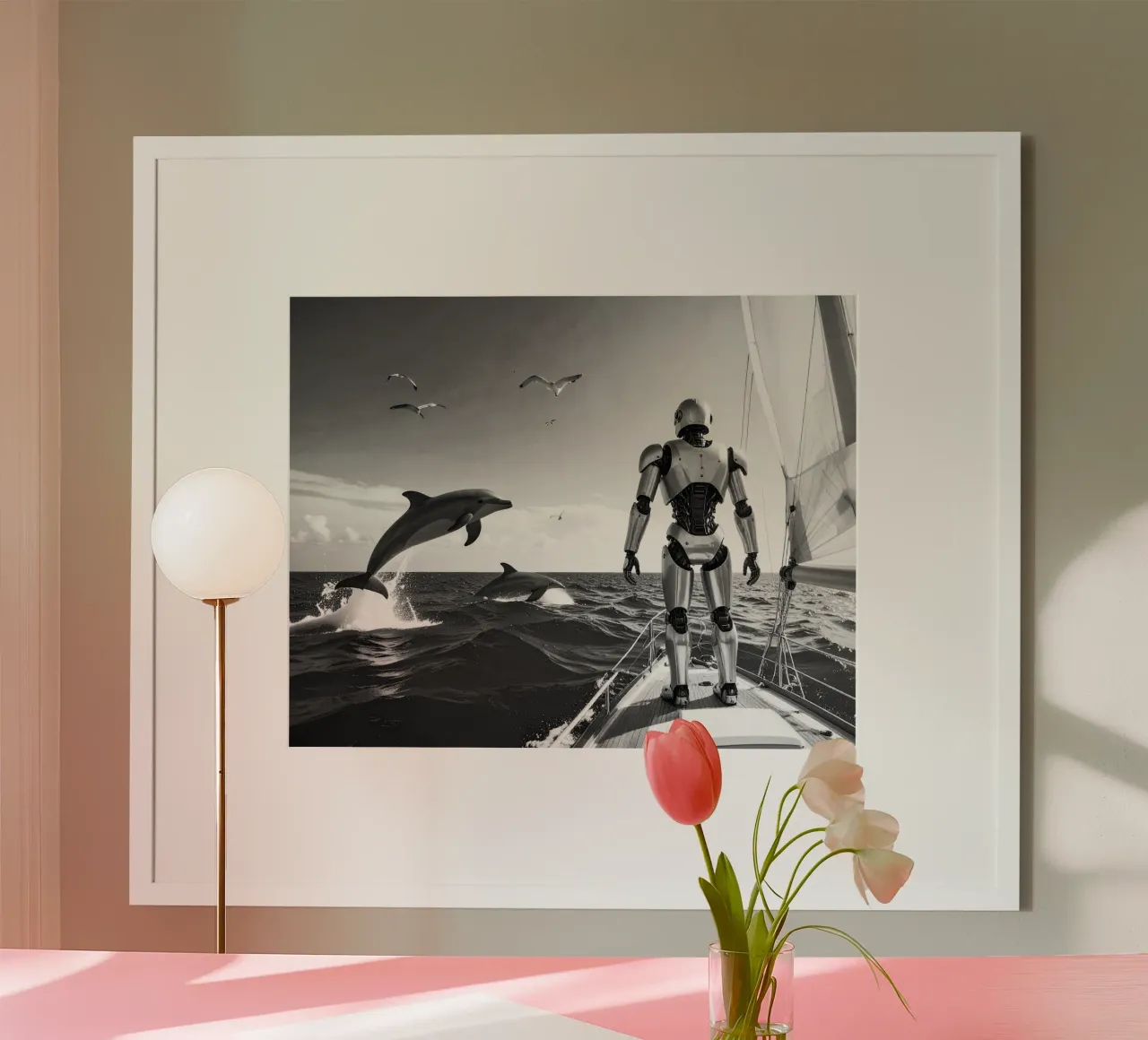 Robot sur un voilier. Noir et blanc. poster da Thierry vobmann photography