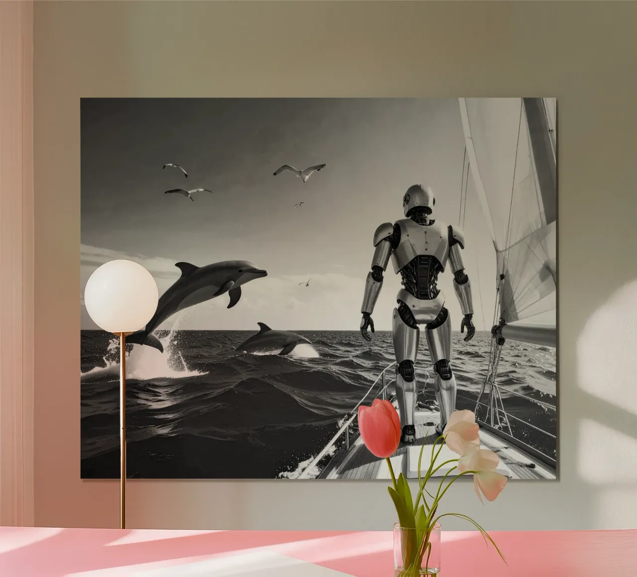 Robot sur un voilier. Noir et blanc. poster da Thierry vobmann photography