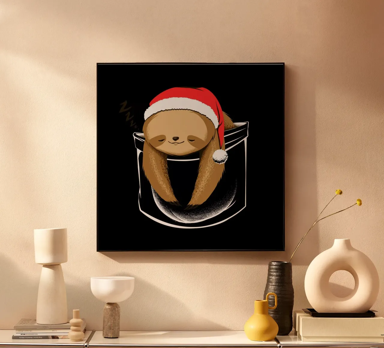 Sloth In A Pocket Xmas Black alluminio dibond da Tobe Fonseca