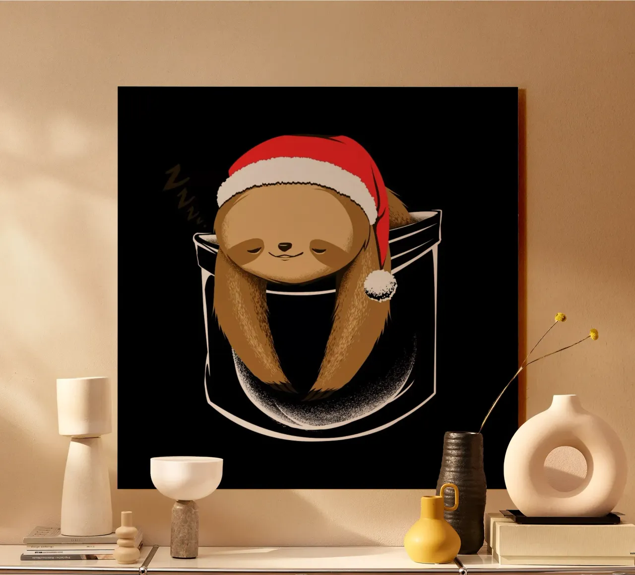 Sloth In A Pocket Xmas Black alluminio dibond da Tobe Fonseca