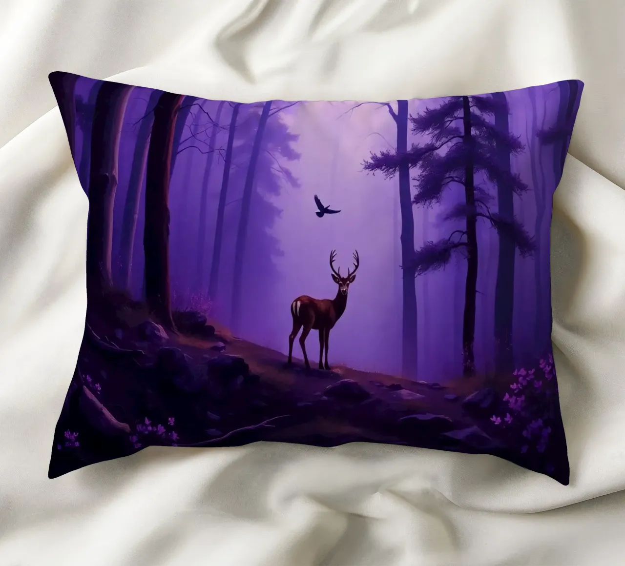 Un cervo maestoso in una foresta nebbiosa al crepuscolo cuscino da DesignDoodle