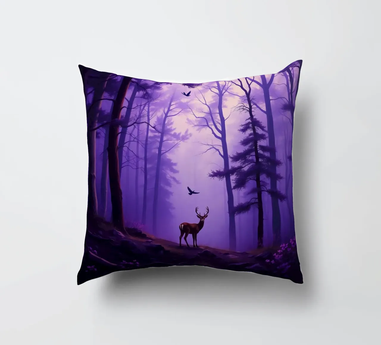 Un cervo maestoso in una foresta nebbiosa al crepuscolo cuscino da DesignDoodle