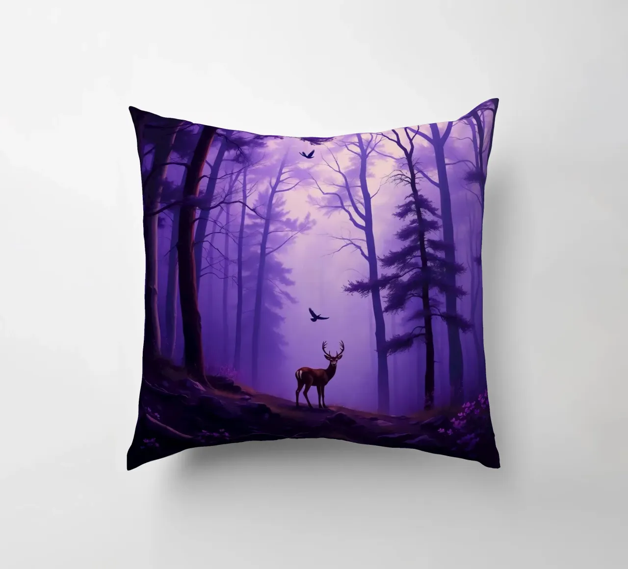Un cervo maestoso in una foresta nebbiosa al crepuscolo cuscino da DesignDoodle
