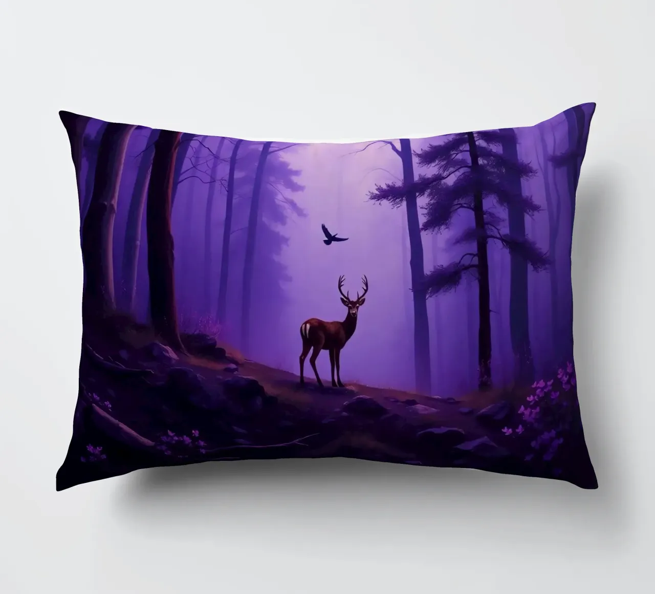 Un cervo maestoso in una foresta nebbiosa al crepuscolo cuscino da DesignDoodle