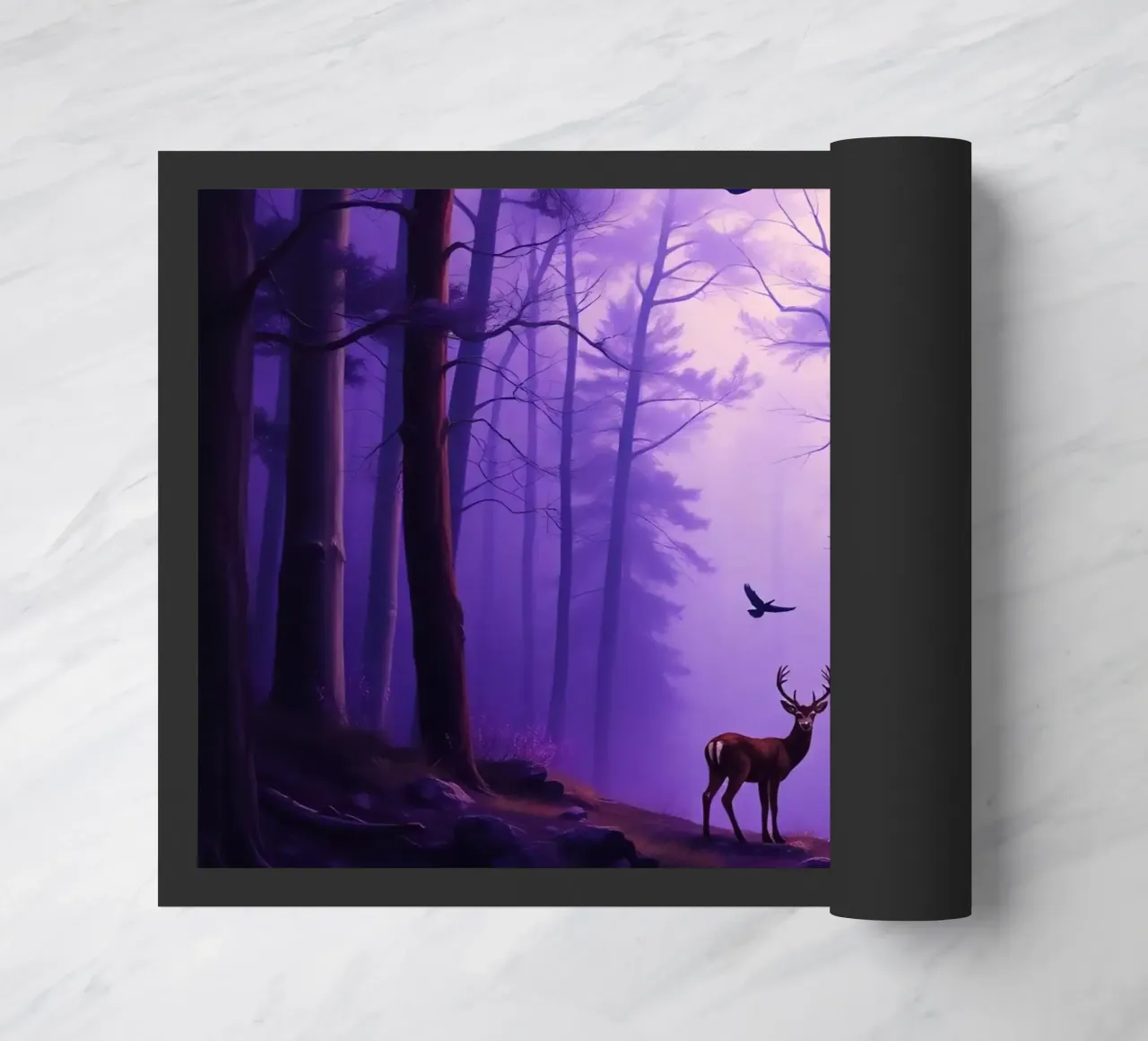 Un cervo maestoso in una foresta nebbiosa al crepuscolo zerbino da DesignDoodle