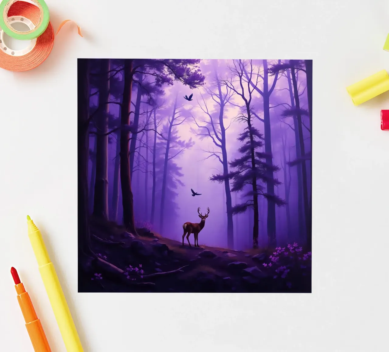 Cerf majestueux dans une forêt brumeuse au crépuscule autocollant de DesignDoodle