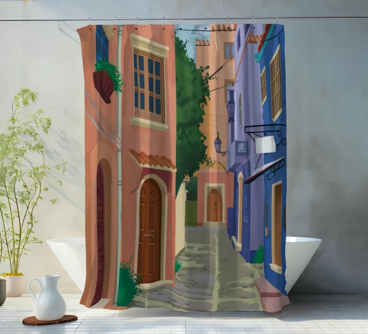 Quaint Alleyway Charm shower curtain by Chroma Haven