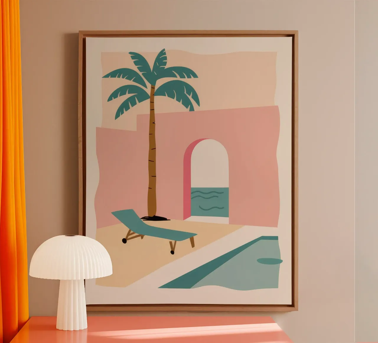 Loungen aan het zwembad in pastelkleuren canvas met Baklijst van Stone Patina