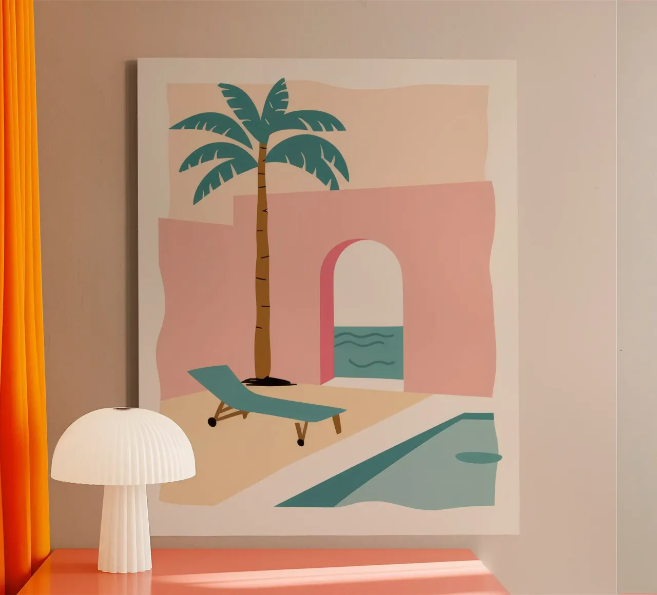 Loungen aan het zwembad in pastelkleuren canvas met Baklijst van Stone Patina