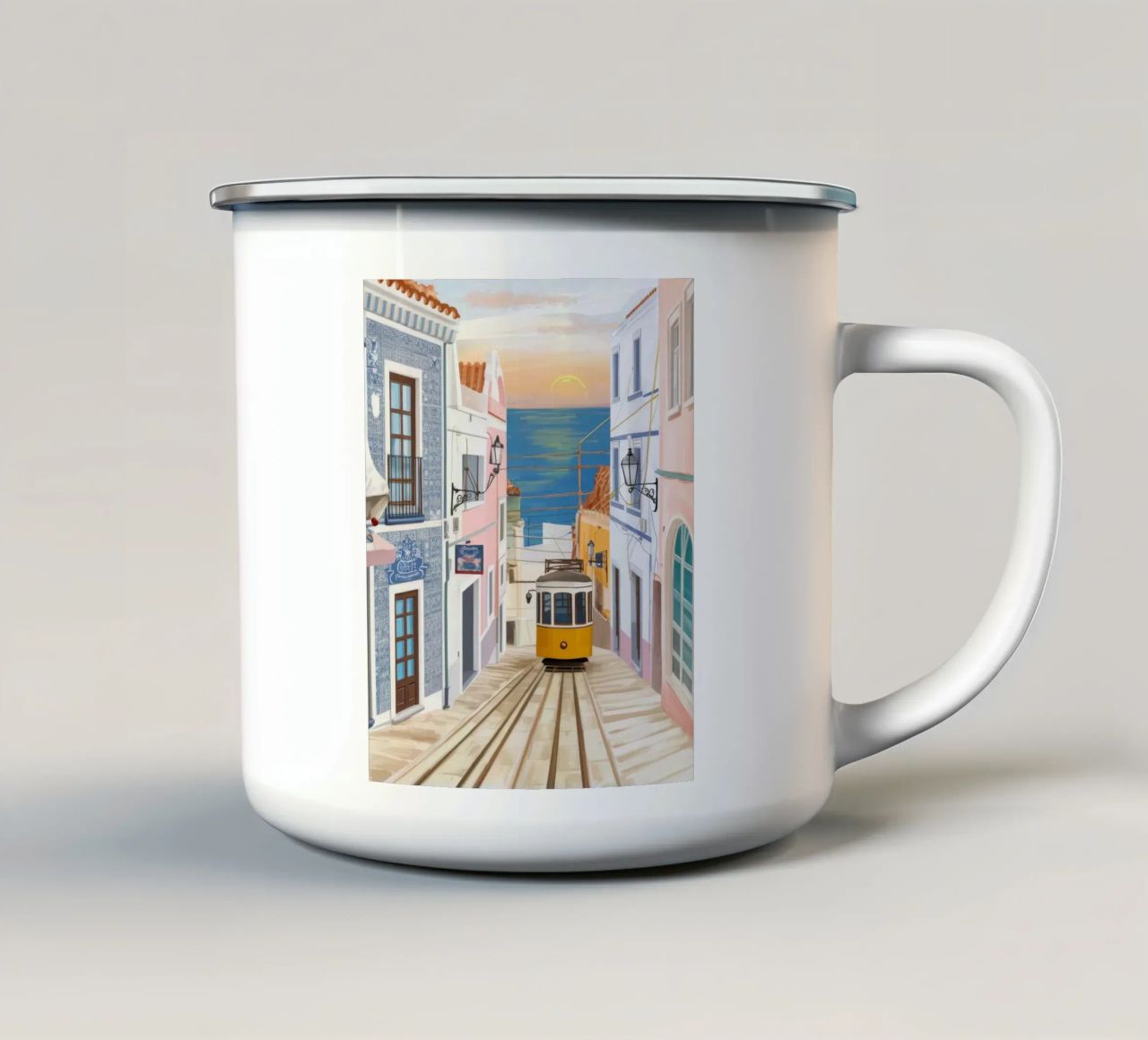 Viaggio in tram a Lisbona tazza in smalto da Chroma Haven
