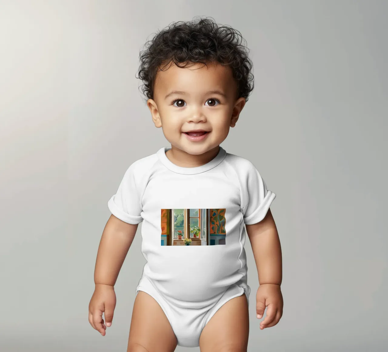 Sunlit Window Garden short-sleeve baby romper by Chroma Haven