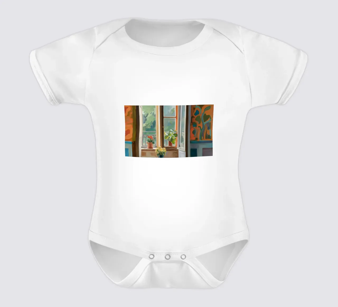 Sunlit Window Garden short-sleeve baby romper by Chroma Haven