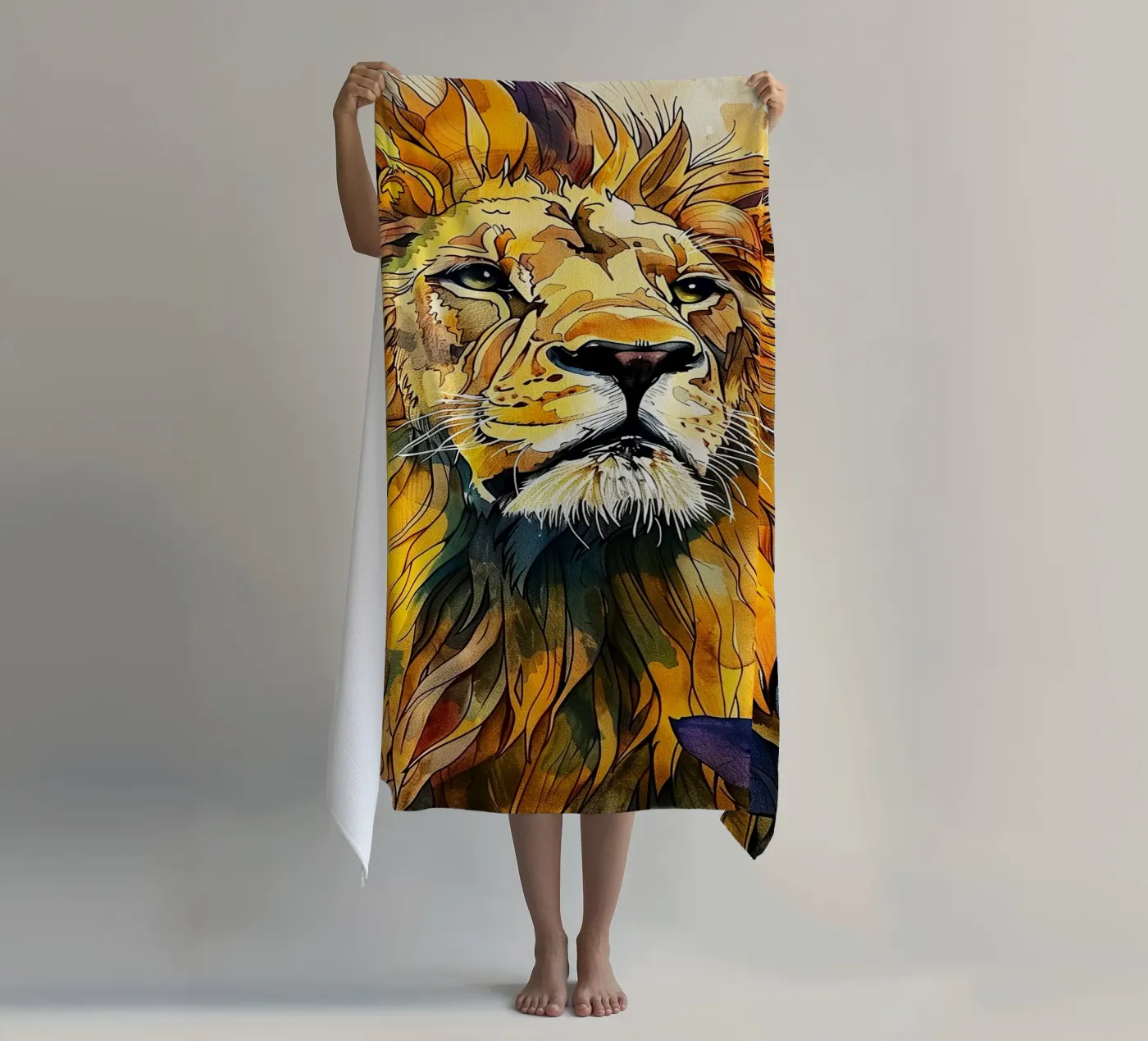 Leone acquerello telo mare da Lionmixart