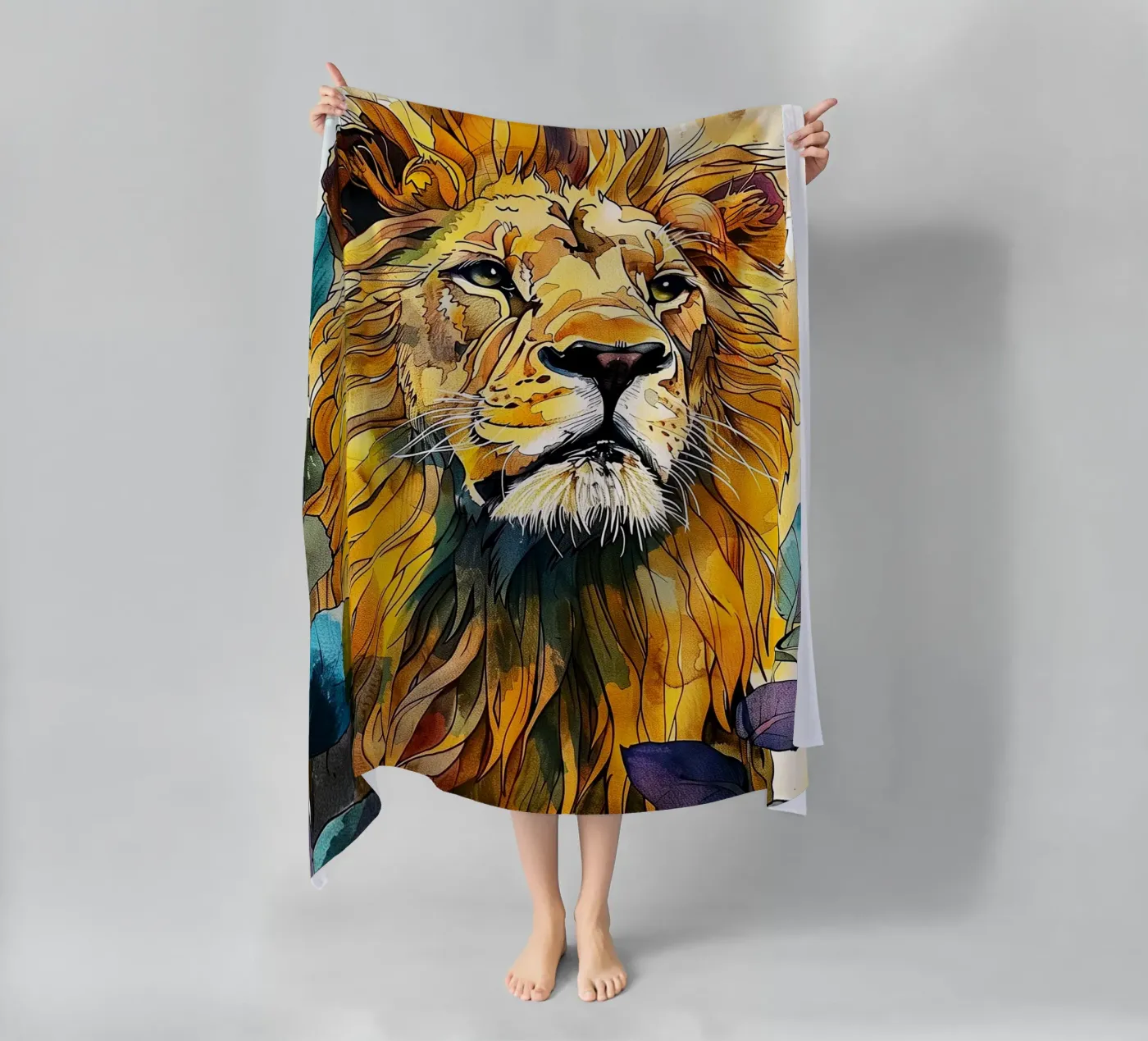 Leone acquerello telo mare da Lionmixart