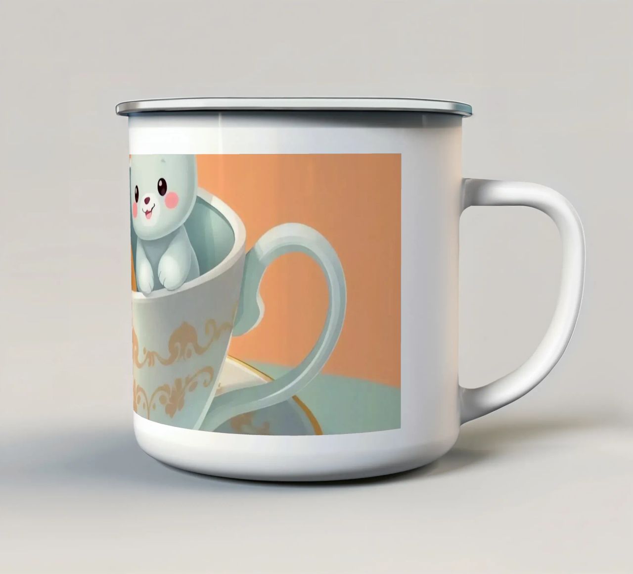 Animaux mignons se relaxant ensemble dans une tasse à thé contre mug en émail de DesignDoodle