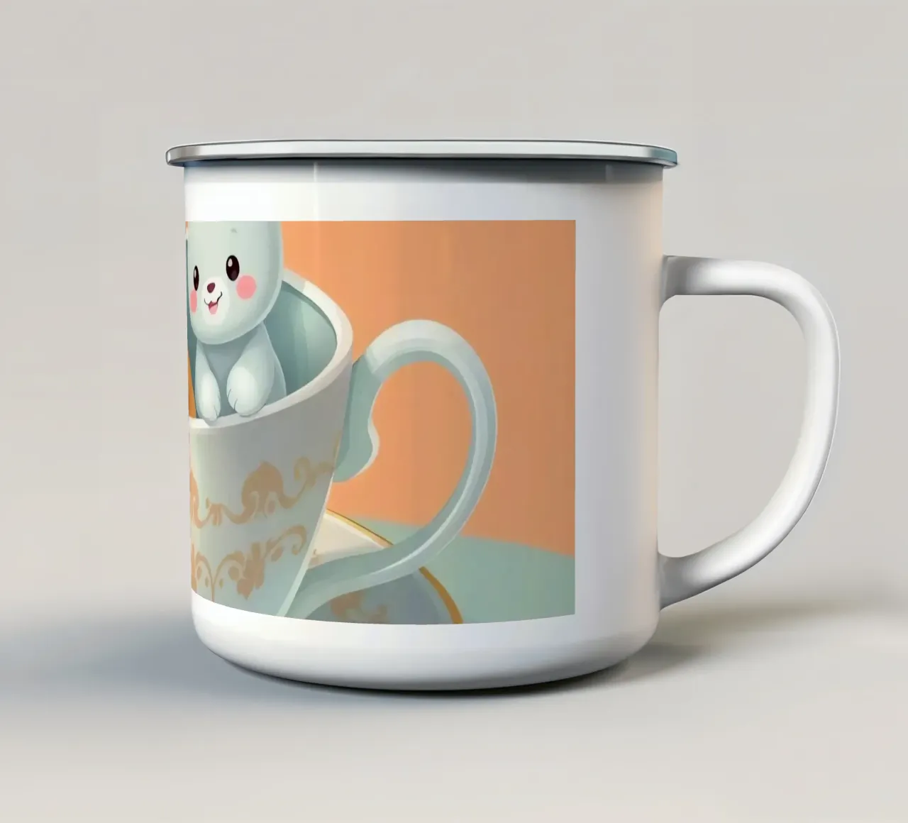 Simpatici personaggi animali che si rilassano insieme in una tazza da tè contro tazza in smalto da DesignDoodle