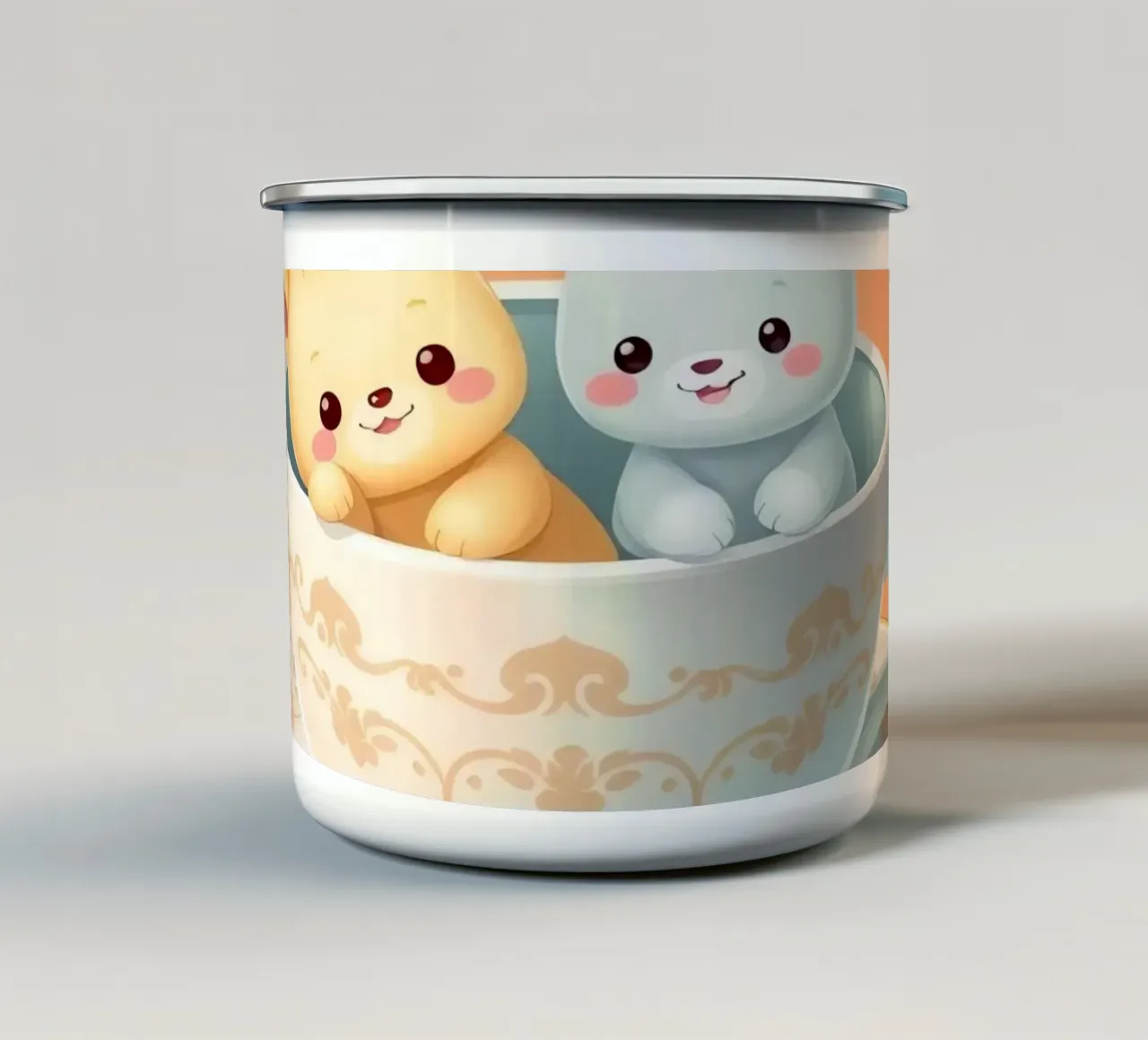 Simpatici personaggi animali che si rilassano insieme in una tazza da tè contro tazza in smalto da DesignDoodle