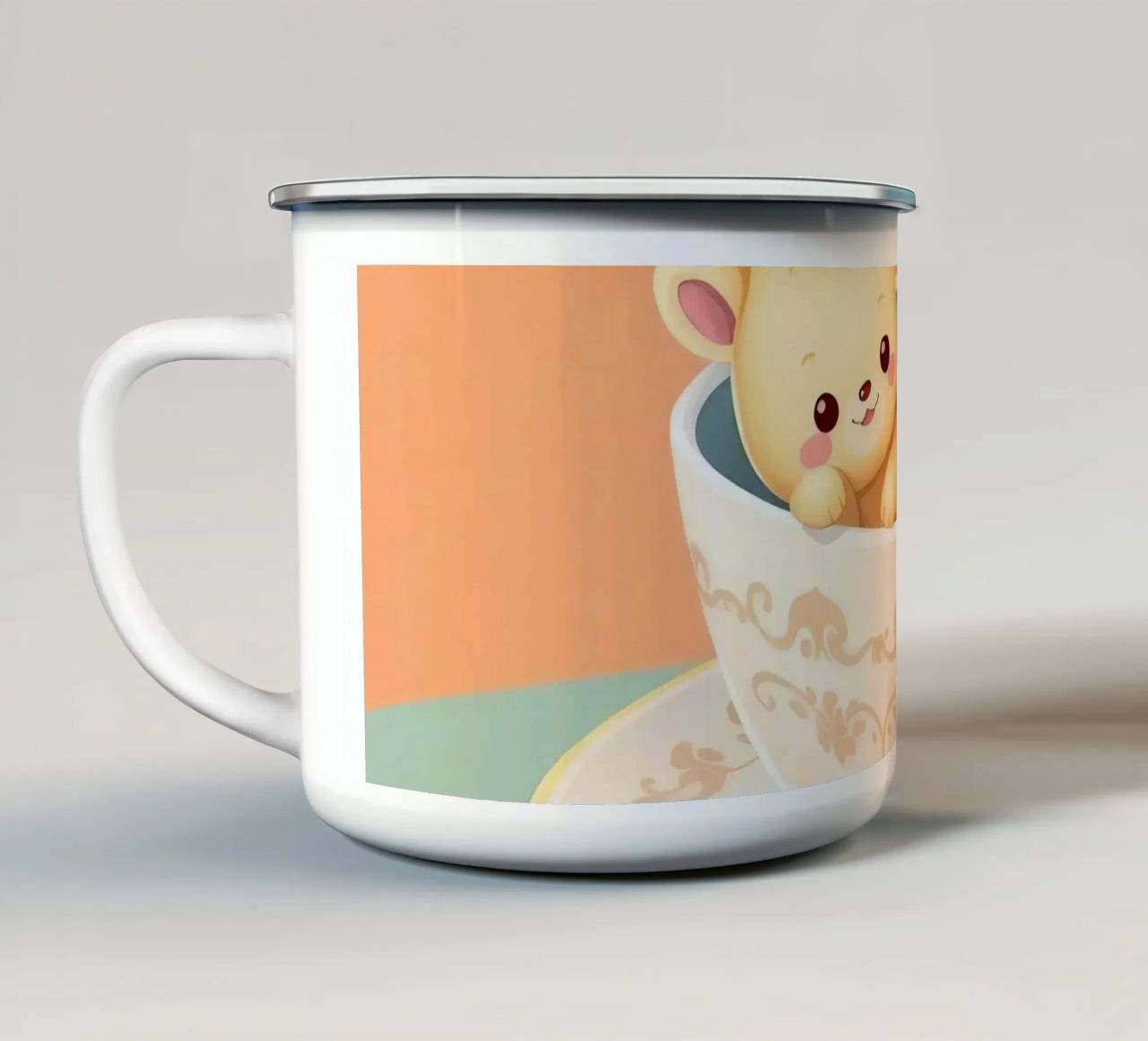 Animaux mignons se relaxant ensemble dans une tasse à thé contre mug en émail de DesignDoodle