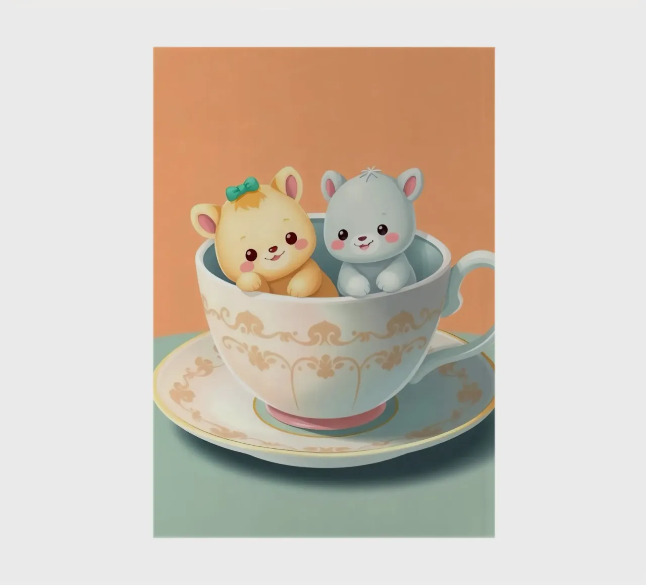 Cute animal characters relaxing together in a teacup against notebook by DesignDoodle