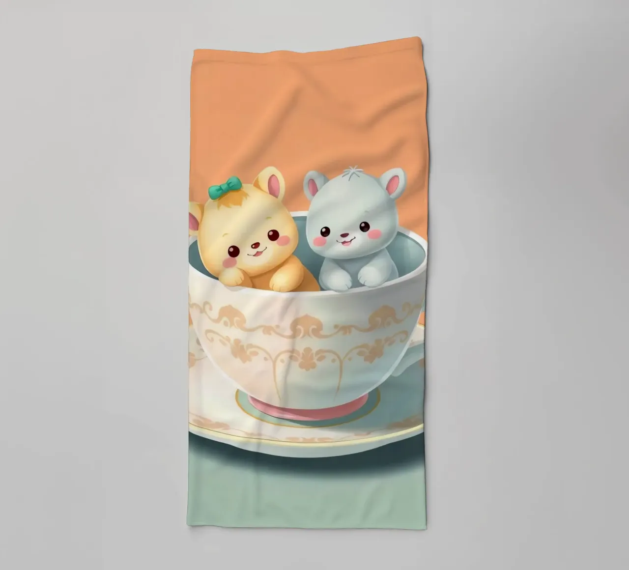 Cute animal characters relaxing together in a teacup against towel by DesignDoodle