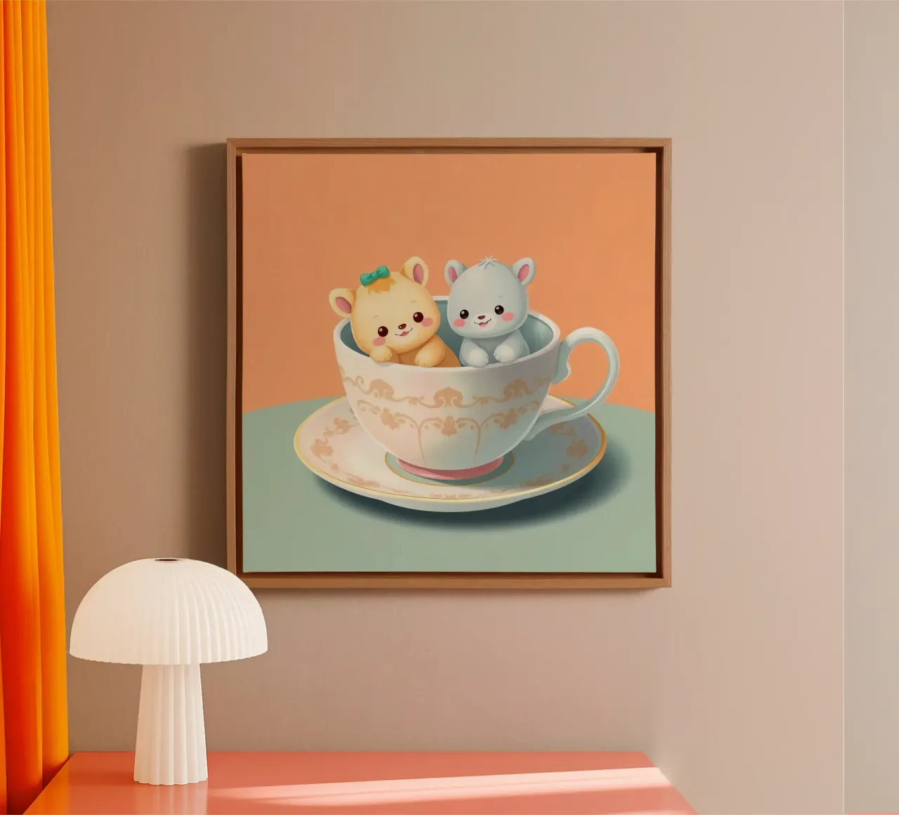 Cute animal characters relaxing together in a teacup against canvas with Floater frame by DesignDoodle
