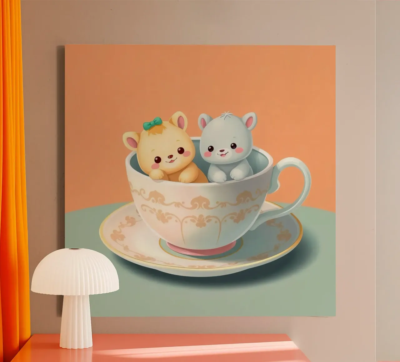 Cute animal characters relaxing together in a teacup against canvas with Floater frame by DesignDoodle