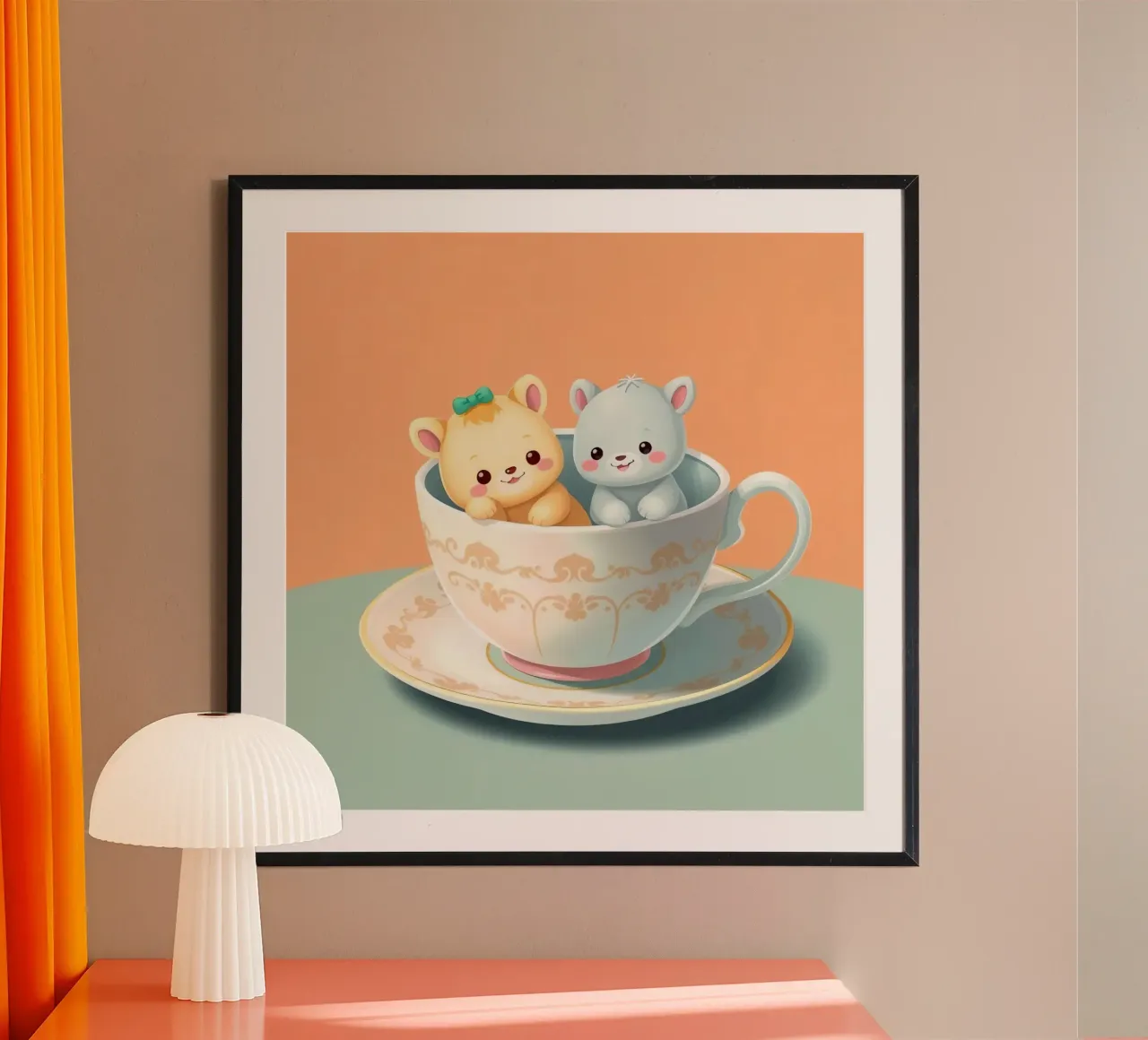 Animaux mignons se relaxant ensemble dans une tasse à thé contre poster de DesignDoodle