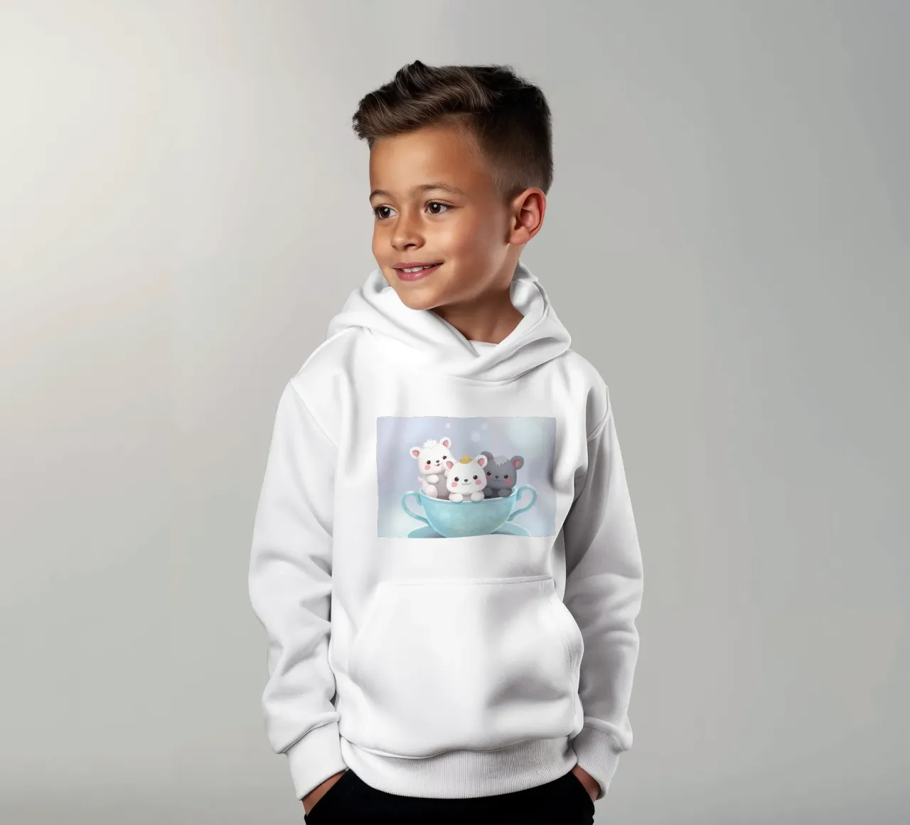Simpáticos animales de dibujos animados descansando en una taza de té sudadera con capucha para niño de DesignDoodle