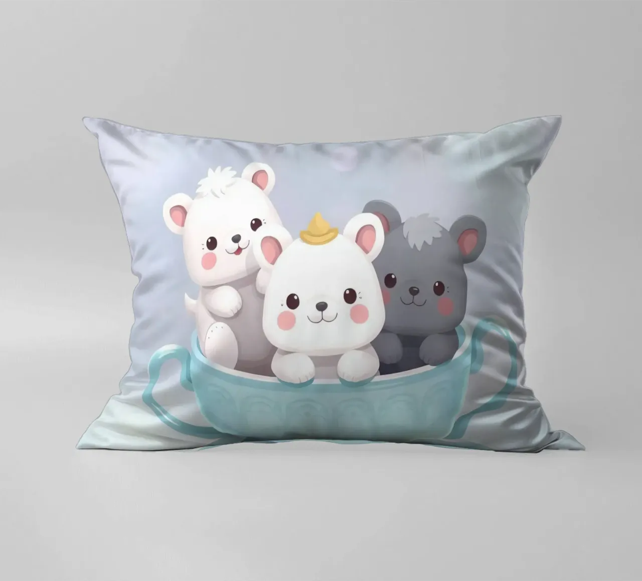 Cute cartoon animals resting in a tea cup decorative cushion by DesignDoodle