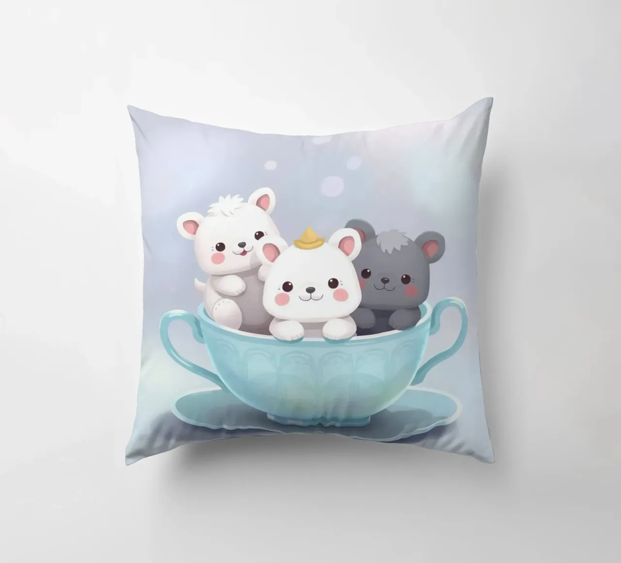 Cute cartoon animals resting in a tea cup decorative cushion by DesignDoodle