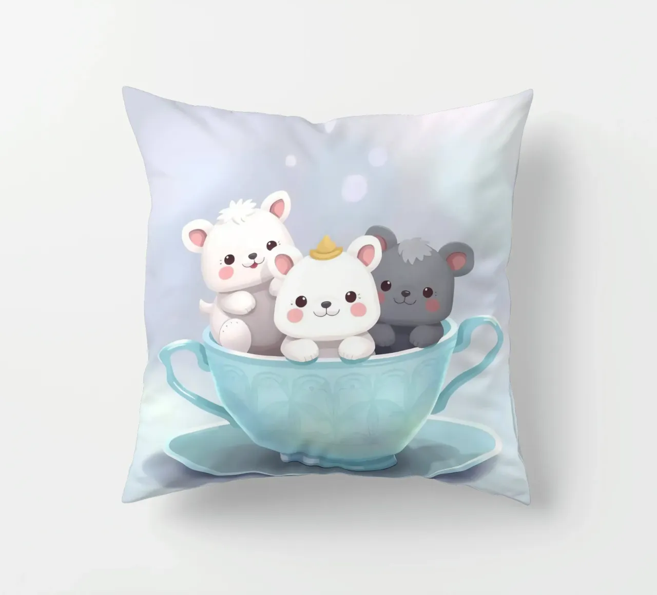 Cute cartoon animals resting in a tea cup decorative cushion by DesignDoodle