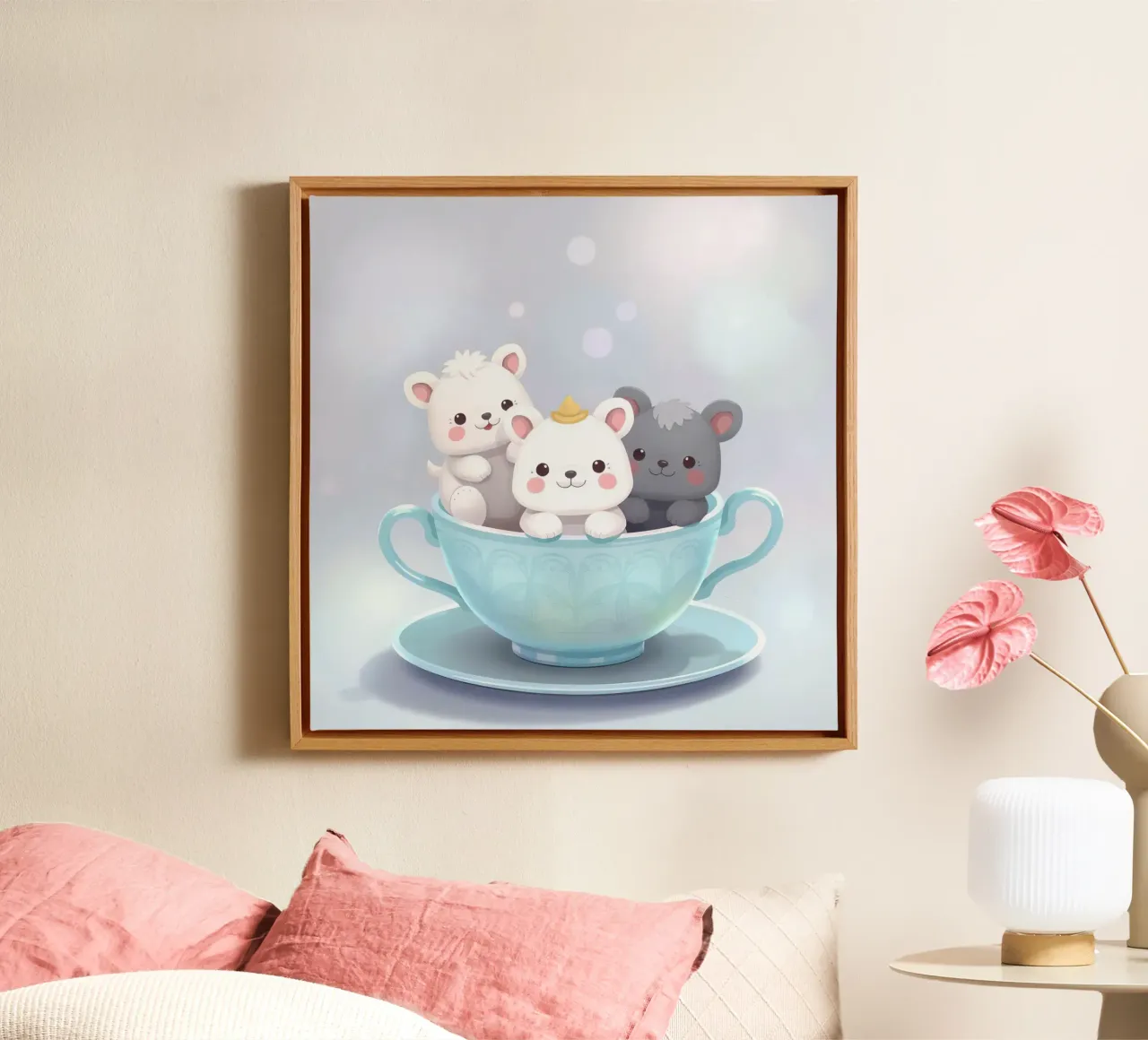 Simpáticos animales de dibujos animados descansando en una taza de té lienzo de DesignDoodle