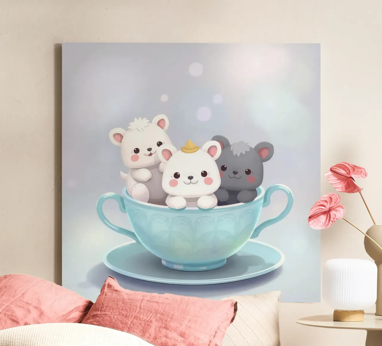 Simpáticos animales de dibujos animados descansando en una taza de té lienzo de DesignDoodle