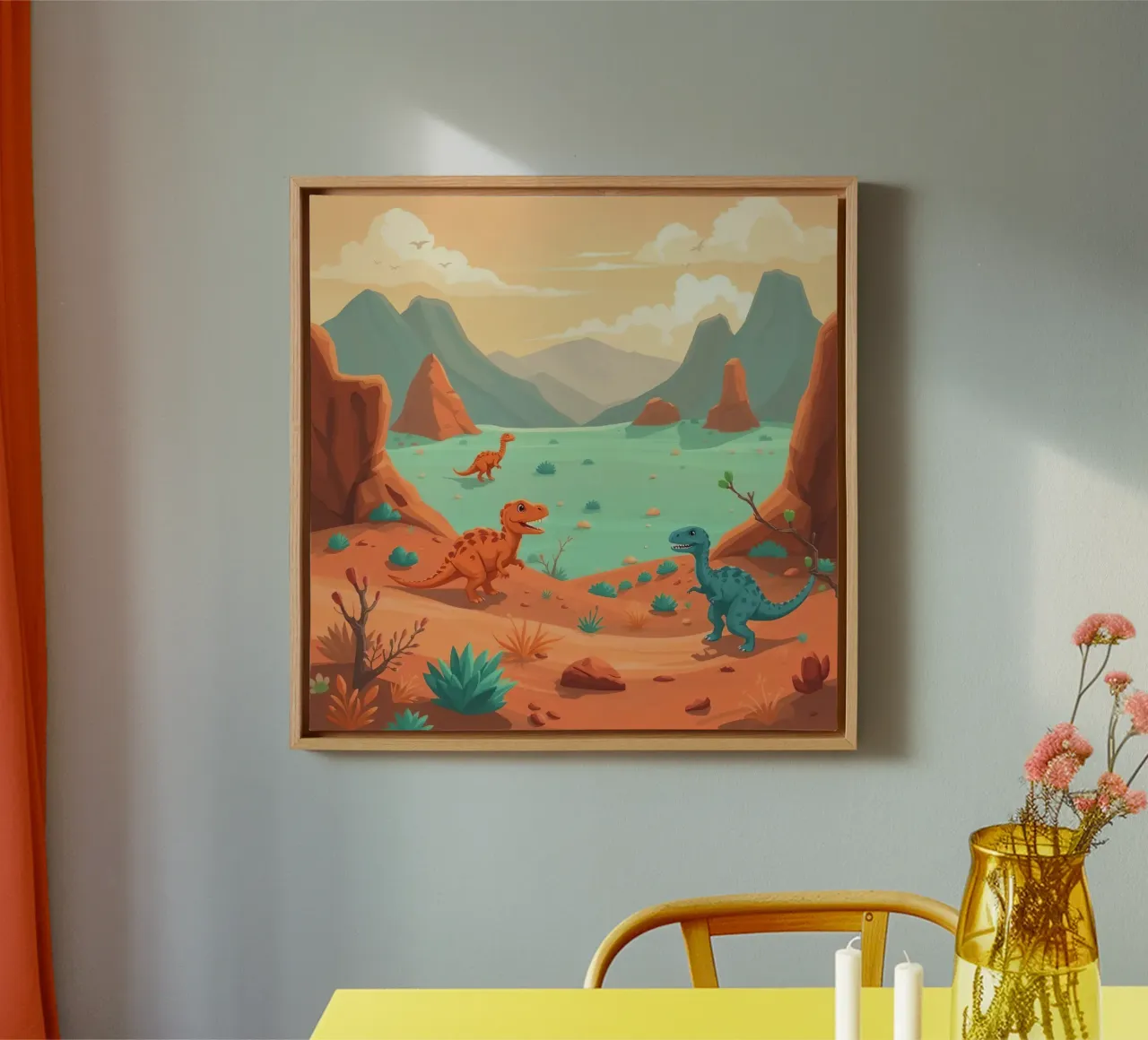 Dinosaurussen in een rotslandschap bij een sereen meer canvas met Baklijst van DesignDoodle