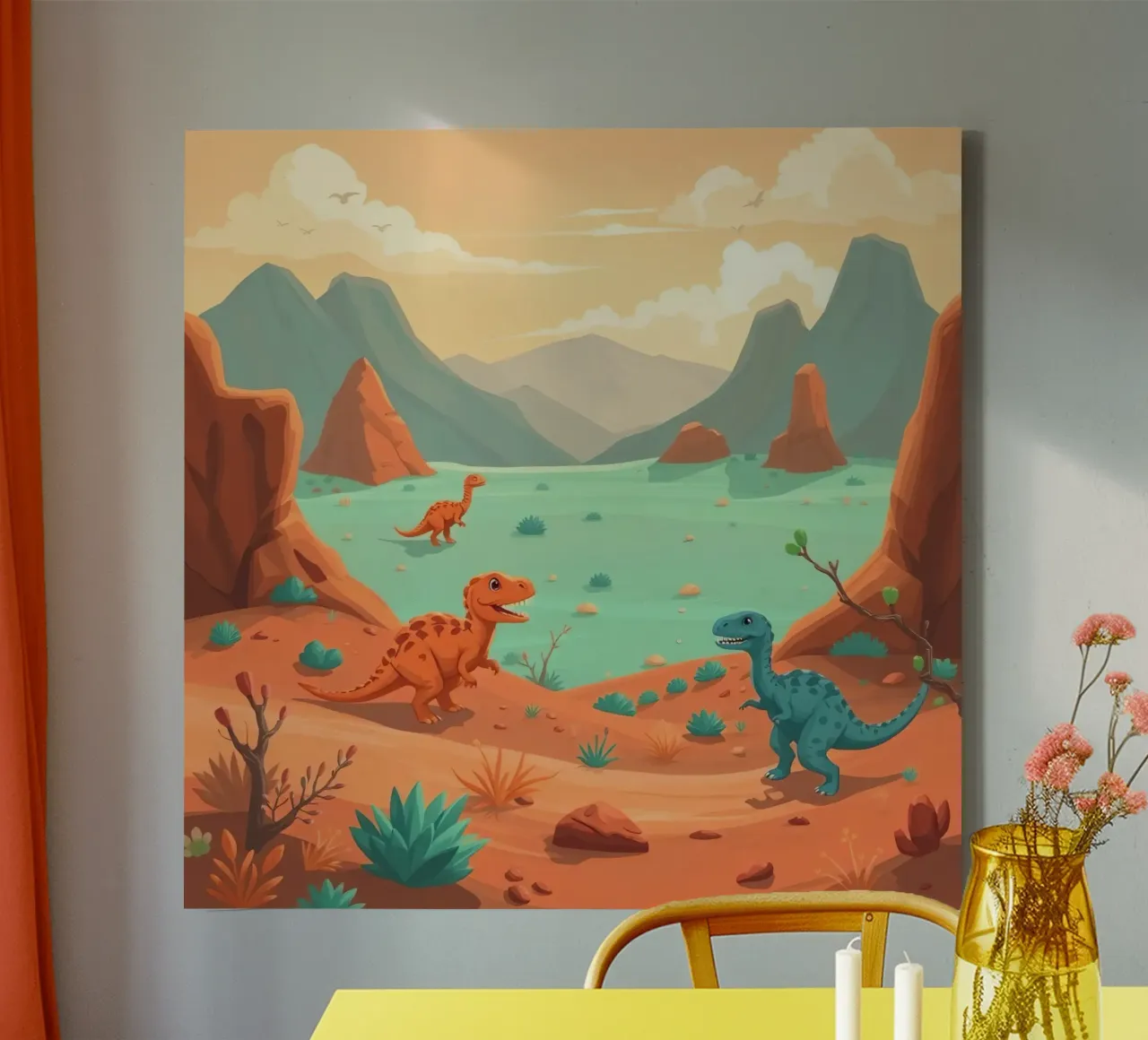 Dinosaurussen in een rotslandschap bij een sereen meer canvas met Baklijst van DesignDoodle