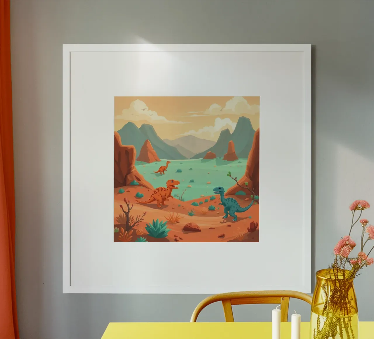 Dinosaurier in einer felsigen Landschaft in der Nähe eines ruhigen Sees Poster von DesignDoodle