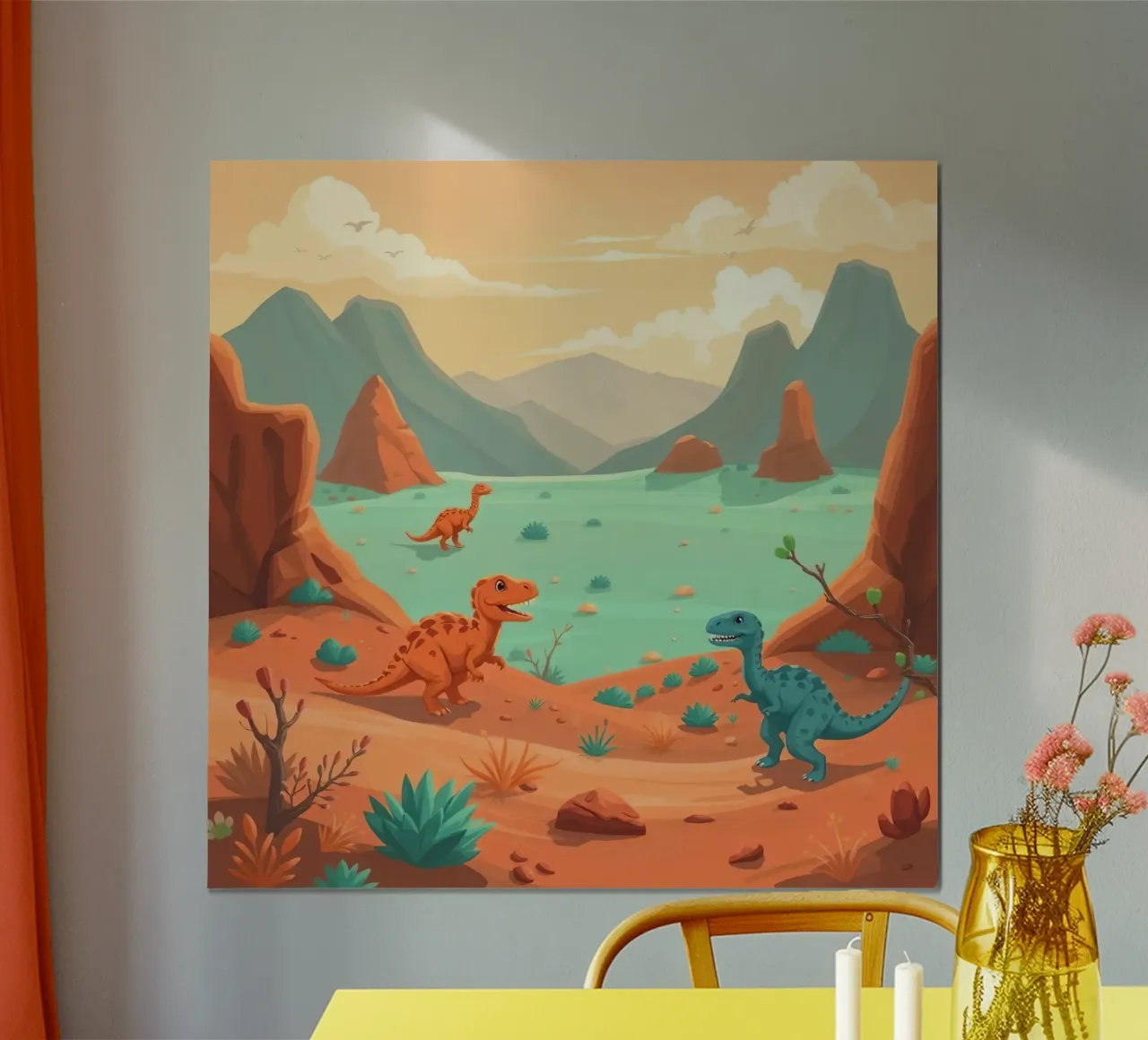 Dinosaurier in einer felsigen Landschaft in der Nähe eines ruhigen Sees Poster von DesignDoodle
