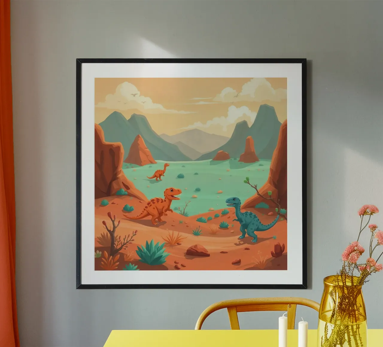 Dinosaurier in einer felsigen Landschaft in der Nähe eines ruhigen Sees Poster von DesignDoodle