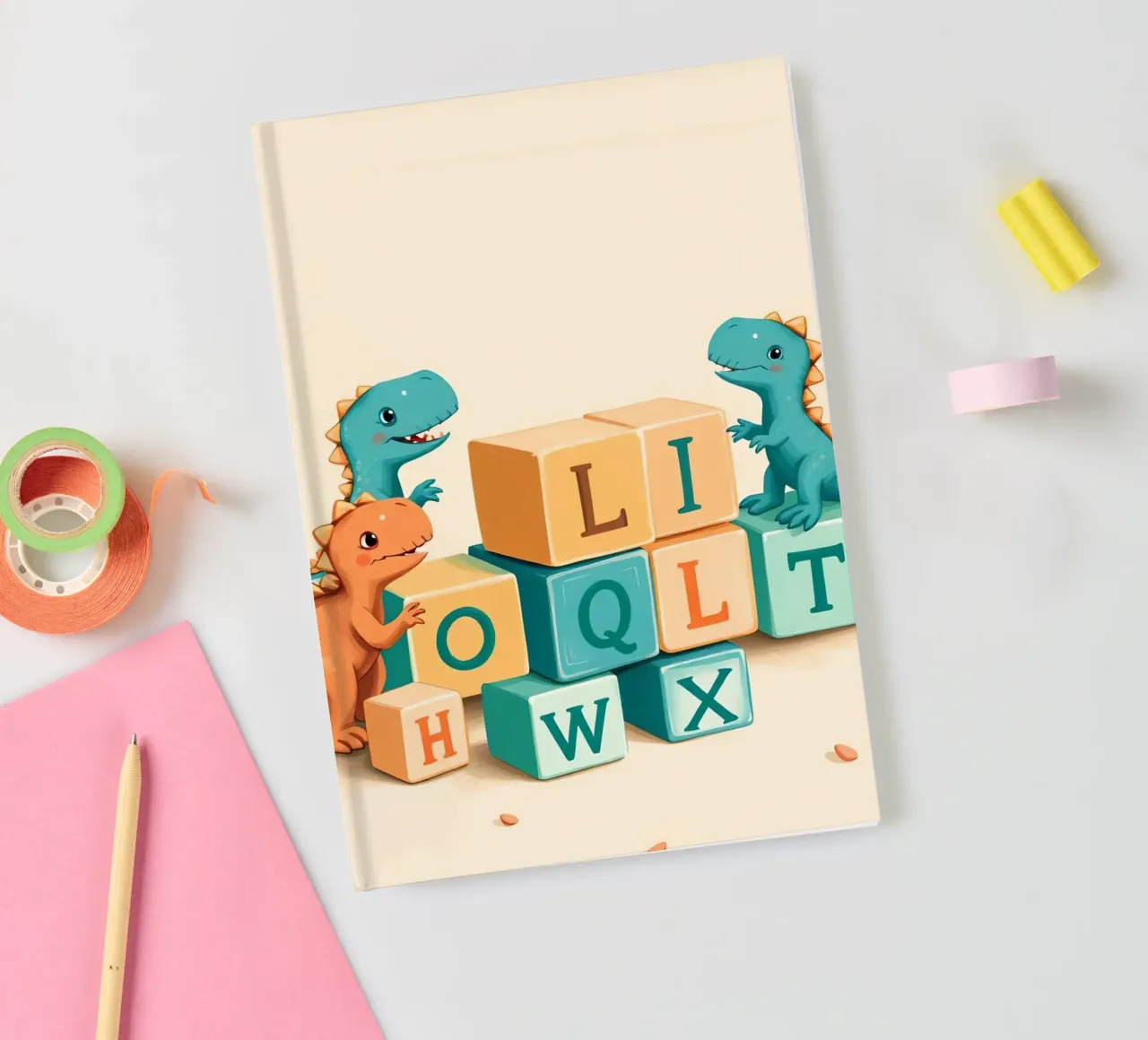 Cute cartoon dinosaurs playing with colorful building blocks notebook by DesignDoodle