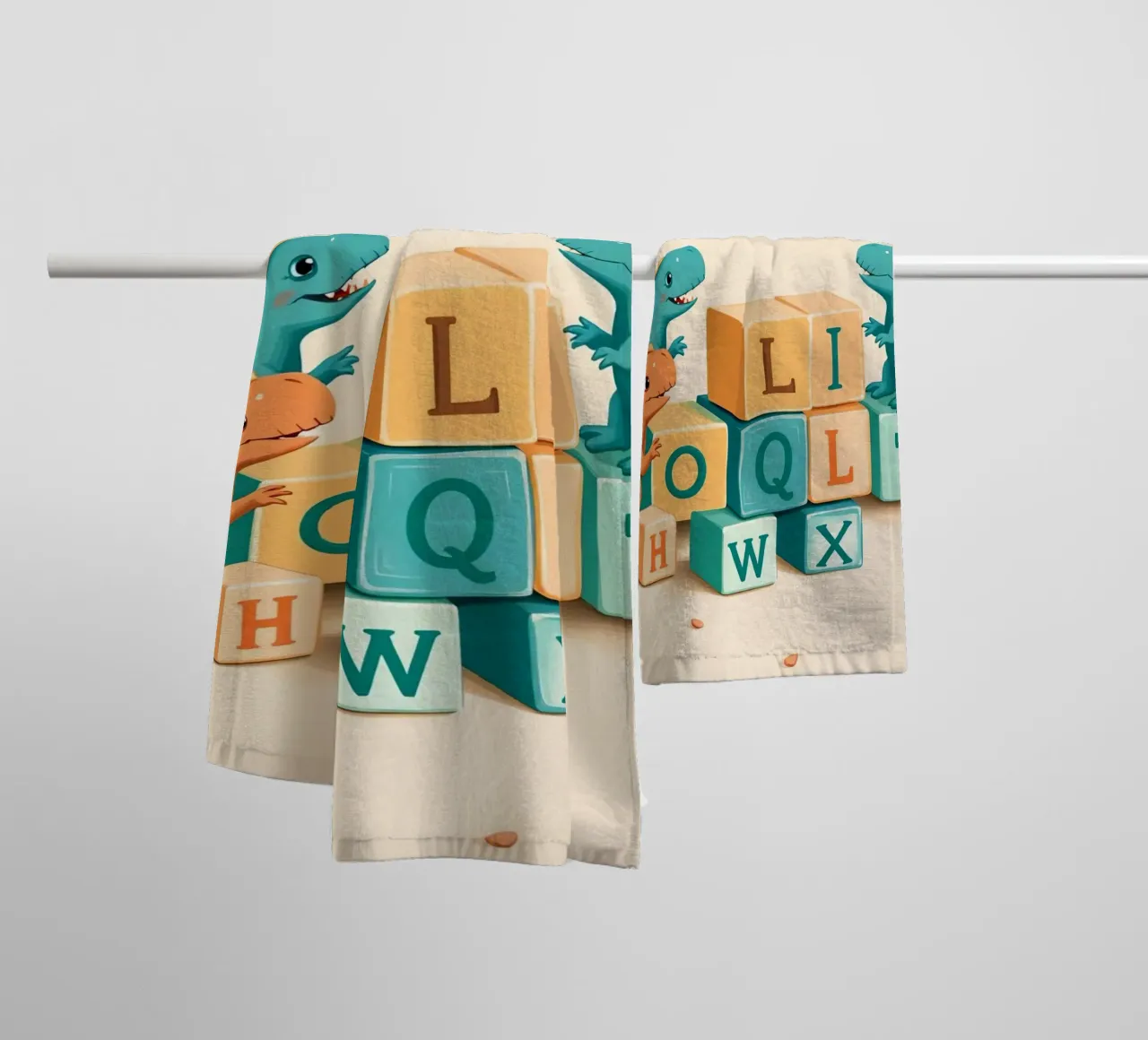 Cute cartoon dinosaurs playing with colorful building blocks towel by DesignDoodle