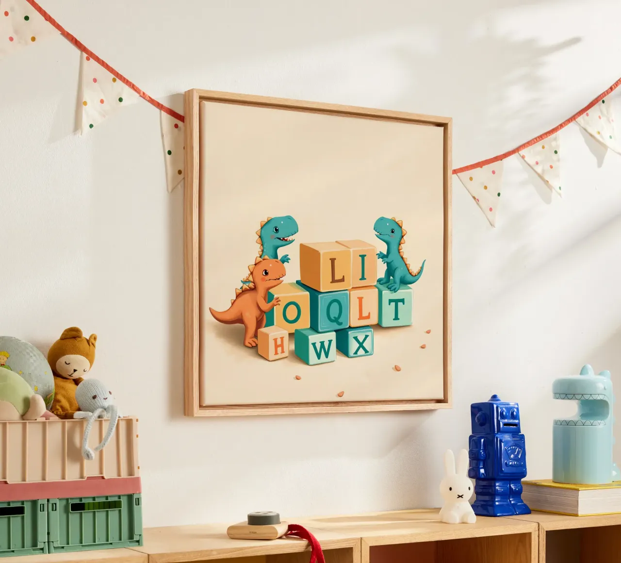 Cute cartoon dinosaurs playing with colorful building blocks canvas with Floater frame by DesignDoodle