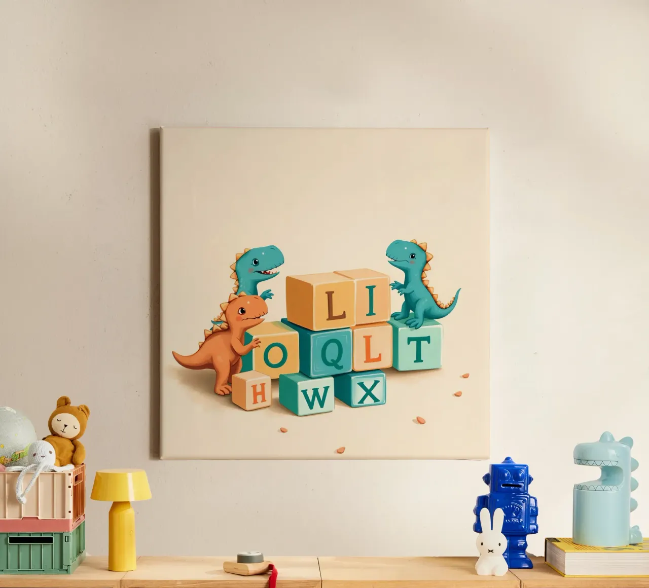 Cute cartoon dinosaurs playing with colorful building blocks canvas with Floater frame by DesignDoodle